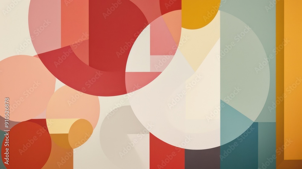 Poster geometric abstract art with bold vibrant circles and rectangles overlapping in a composition