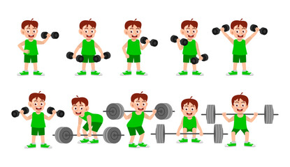 Little kid do workout with weight lifting