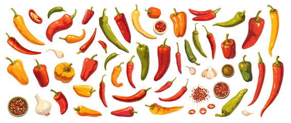 Cartoon hot pepper set. Red and green spicy chili vegetable garlic, mexican spice, cayenne vector illustration