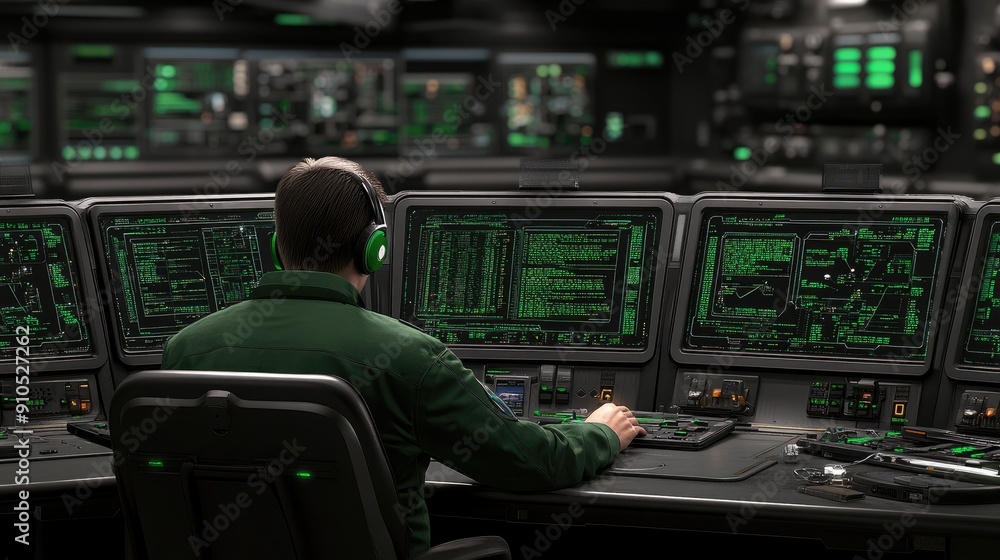 Poster a data analyst examines financial charts and graphs on several computer screens in a contemporary of