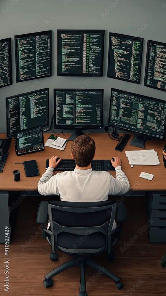 Poster a data analyst examines financial charts and graphs on several computer screens in a contemporary of