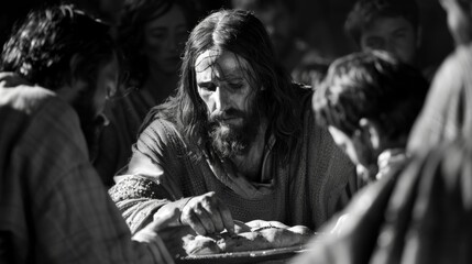 Jesus shares a solemn moment with his disciples, breaking bread and revealing profound teachings during their final meal together.