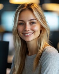 A young woman with long blonde hair smiles warmly while sitting in a cozy cafe