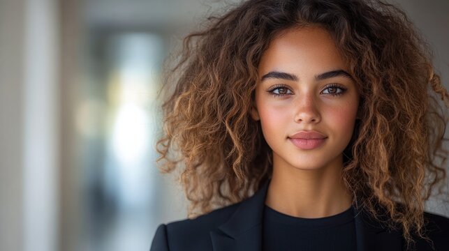 A young woman with curly hair smiles confidently in an indoor setting illuminated by natural light