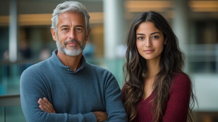 Fototapeta premium Two individuals pose confidently in a contemporary office setting