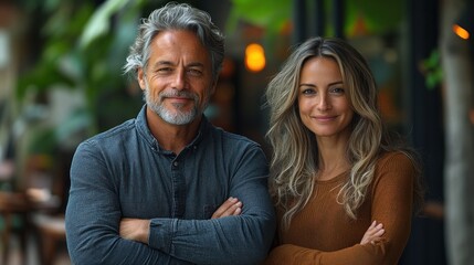 Fototapeta premium A smiling couple stands outdoors, arms crossed, enjoying their time at a cozy café