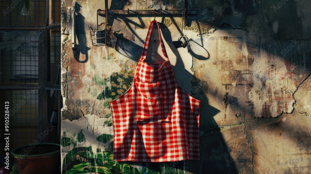Poster a red and white checkered apron hanging on a wall, ready for use