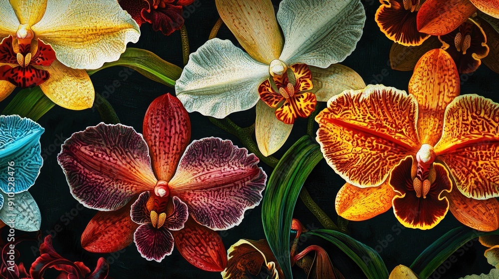 Poster a stunning array of colorful orchids, showcasing rich hues and intricate textures, arranged beautifu