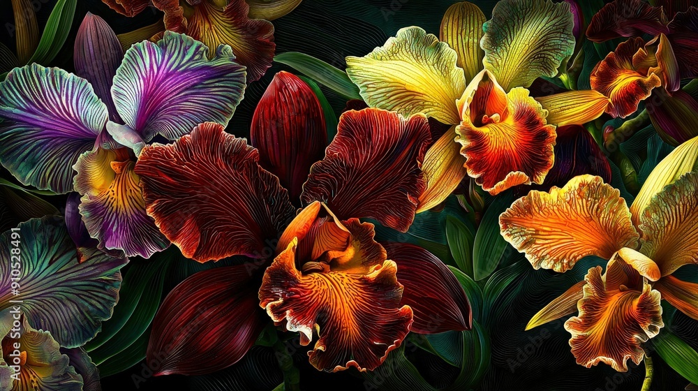 Poster A stunning array of colorful orchids displays intricate patterns and textures, showcasing nature's beauty in a vibrant spring garden