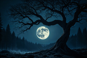Fototapeta premium Full moon rising behind a twisted tree in a forest, creating a serene and mystical atmosphere.