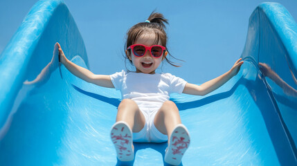 Young girl wearing sunglasses, sliding down a bright blue playground slide, smiling with joy. The background is a clear sky, suggesting a fun and carefree day.