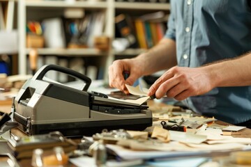A person typing on an old-fashioned typewriter at a desk