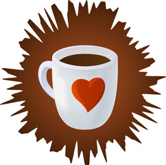 Vector coffee cup with heart with brown splash on white background