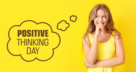 Banner for Positive Thinking Day with thoughtful young woman