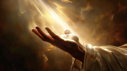A hand with an open palm reaches out to the divine light, addressing God.