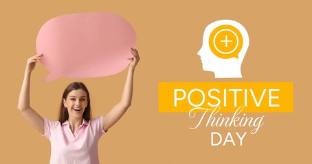 Banner for Positive Thinking Day with happy young woman holding speech bubble
