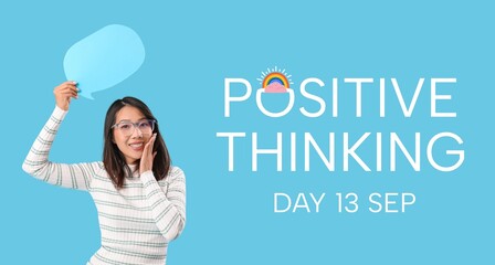 Banner for Positive Thinking Day with happy Asian woman holding speech bubble
