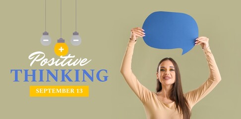Banner for Positive Thinking Day with happy young woman holding speech bubble
