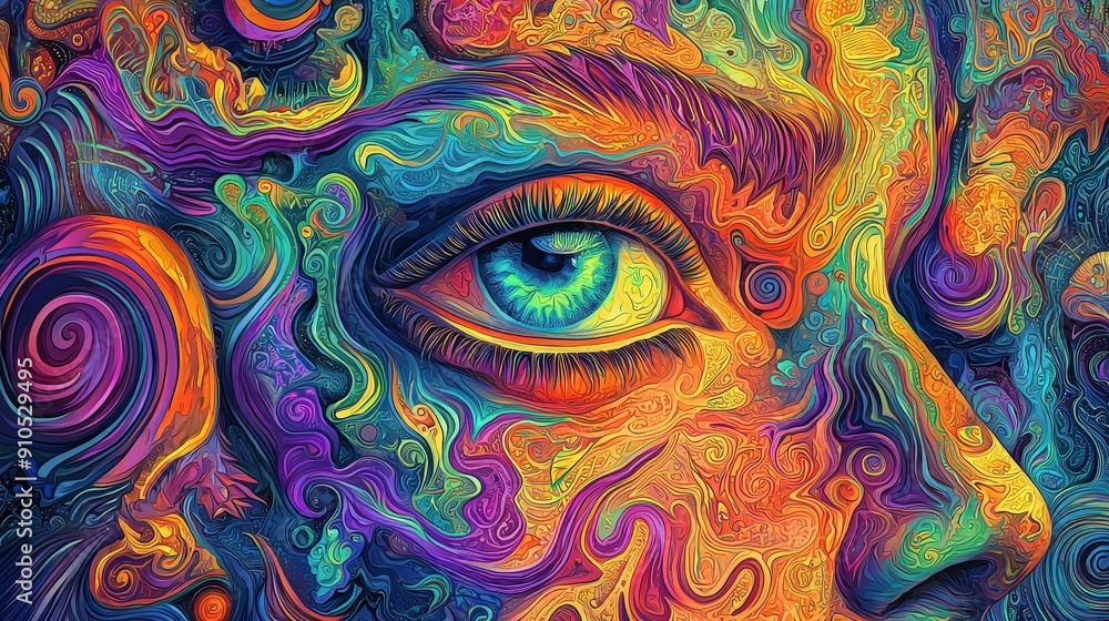 Aufkleber an abstract depiction of a human eye set against vibrant, swirling colors and intricate patterns, cr