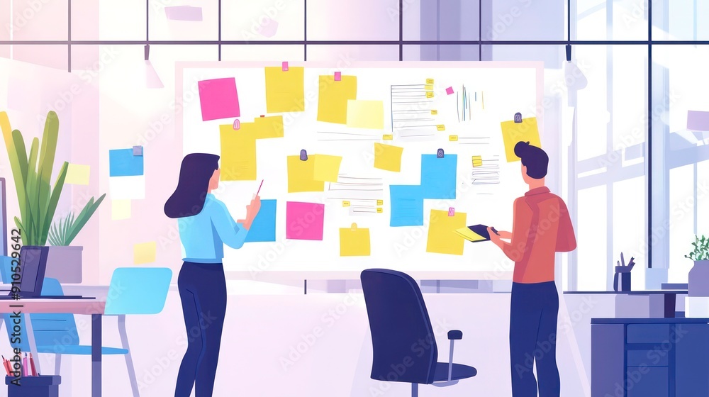 Poster two colleagues brainstorming ideas on a whiteboard with colorful sticky notes in a modern office.