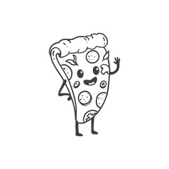 cartoon pizza slice with arms and legs isolated on white background. Doodle style. Vector