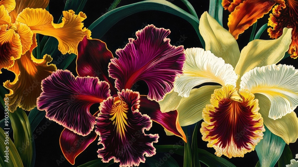 Poster colorful orchids showcase intricate petals and rich hues, creating a striking contrast against a dar