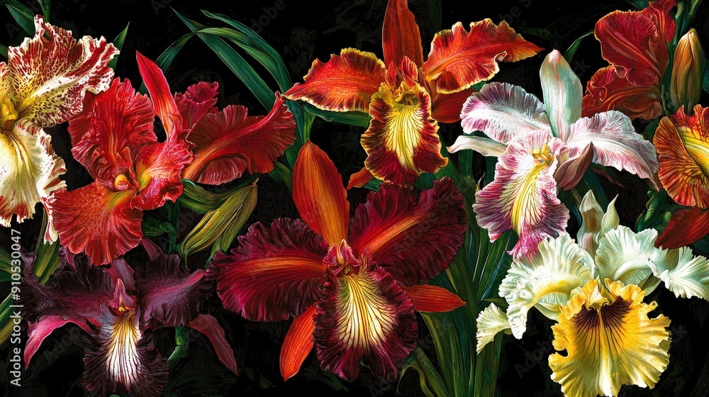 Poster Stunning orchids showcase a vibrant array of colors and unique patterns, elegantly arranged against a contrasting dark background