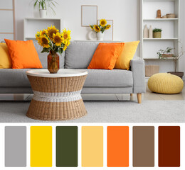Stylish room with armchair and vase of sunflowers bouquet on commode near blue wall