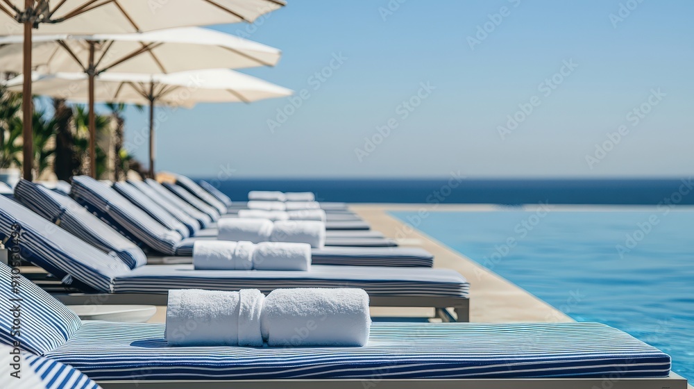 Poster elegant lounge chairs with rolled towels line the edge of an inviting infinity pool, offering stunni