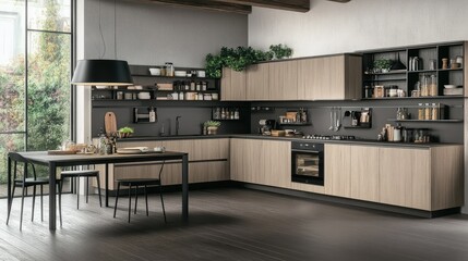 A modern kitchen showcases black cabinetry, a spacious island, and ample natural light flooding in from large windows. The design emphasizes minimalism and sophistication