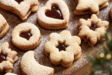 Homemade Linzer Christmas cookies filled with marmalade and dusted with sugar