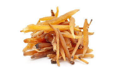 Close-up of Dry Organic Shatavari (Asparagus racemosus) roots, isolated on a white background....