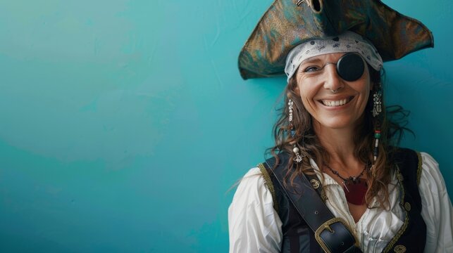 Smiling pirate girl in costume with eye patch on blue background. Banner, copy space. Halloween theme
