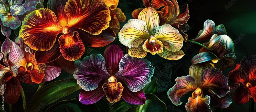 Poster A collection of orchids displays a stunning array of colors and intricate patterns, creating a captivating floral composition against a dark backdrop