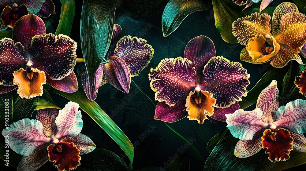 Poster A stunning arrangement of orchids showcases vibrant colors and intricate patterns, creating a captivating display of nature's beauty