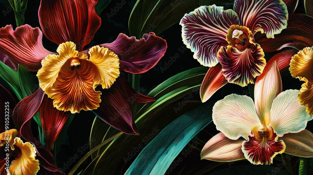 Poster elegant orchids showcase their vivid colors and intricate patterns, flourishing beautifully in a lus
