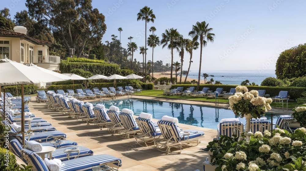 Aufkleber lounge chairs line the pristine pool at a coastal retreat, with lush greenery and ocean views creati
