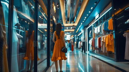 Fototapeta premium Rearview of young woman, female customer staying in hallway or corridor of mall, shopping center sounder with clothing stores, retail shops, boutiques with dresses and clothes, consumerism and fashion