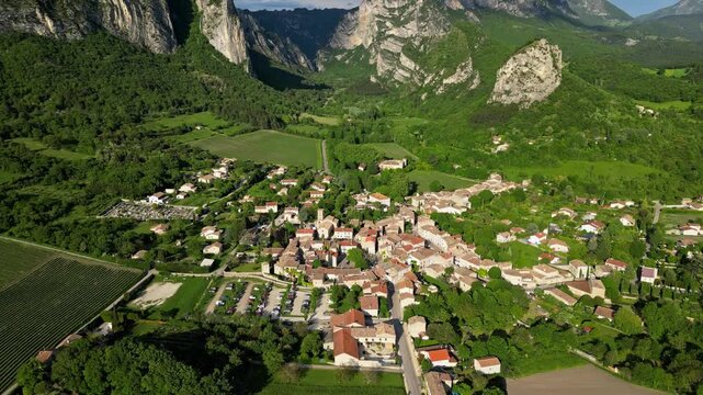 Panoramic view of the small town of saou in the Drome department in France of the Vercors hills, the marly hills and the Val de Drome valley. The Saou forest in France, at 7 JUly 2024