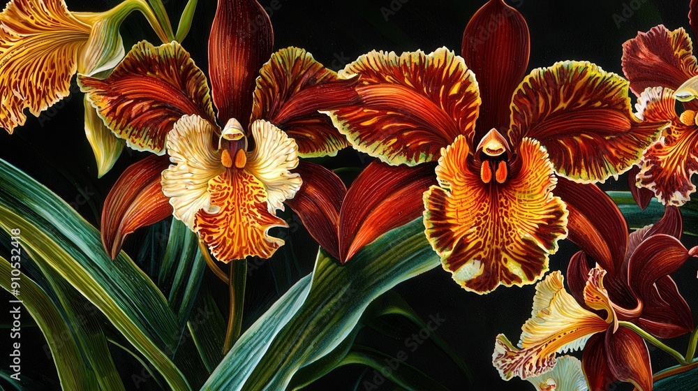 Poster Stunning red and yellow orchids flourish, showcasing intricate patterns and colors in a lush tropical environment