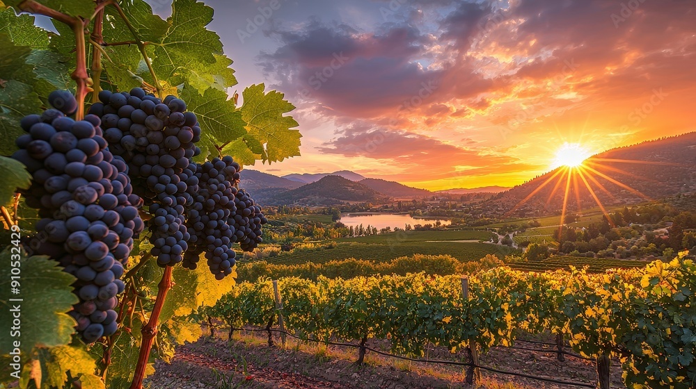 Wall mural Grapes hang from vines as a stunning sunset casts vibrant colors over a tranquil lake and distant mountains