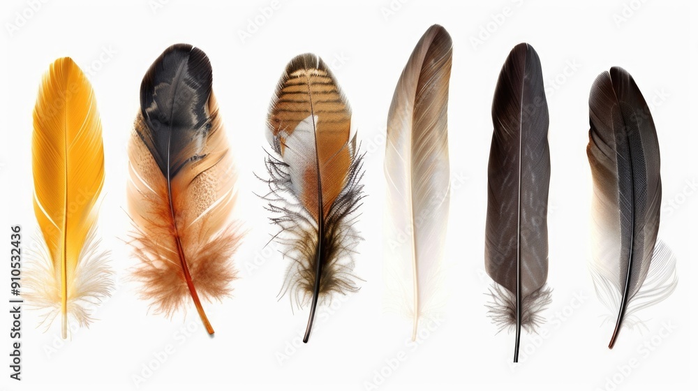 Poster a collection of vibrant feathers arranged on a clean white background