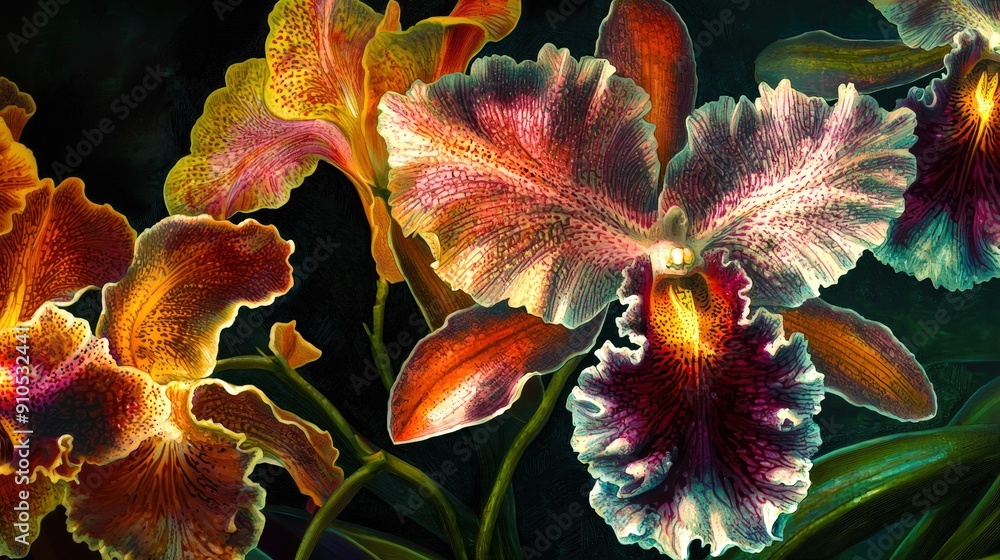 Aufkleber A collection of vibrant orchids displays a stunning array of colors, highlighting their intricate petals in a contrasting dark background