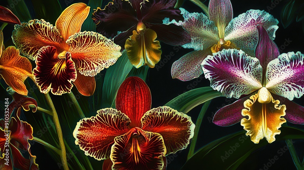 Poster Brightly colored orchids flourish in a lush garden, showcasing their unique patterns and textures under the warm afternoon sunlight