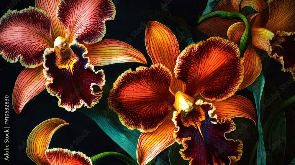 Canvas Prints Gorgeous orange orchids bloom in a tropical garden, showcasing intricate patterns and vibrant colors against a dark background