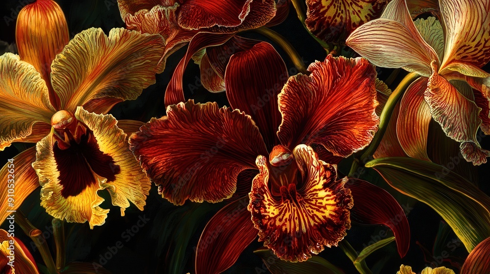Poster lush orchids showcase vivid colors and intricate patterns, flourishing in a garden illuminated by wa