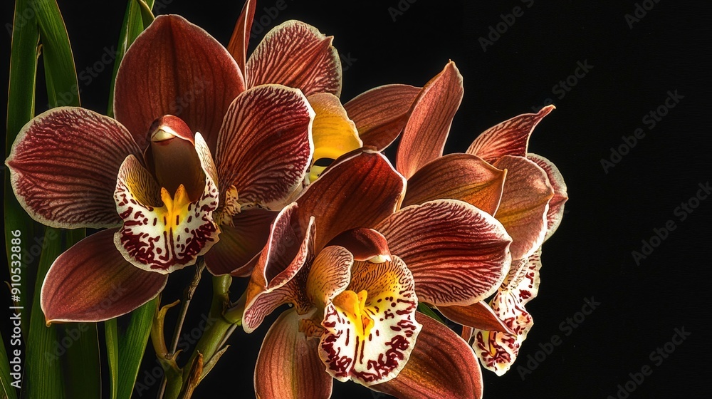 Aufkleber A cluster of stunning orchids features deep reddish-brown petals with intricate patterns, set against a contrasting dark backdrop