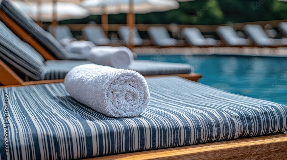 Aufkleber rolled towels rest on striped lounge chairs beside a sparkling pool surrounded by umbrellas and dist