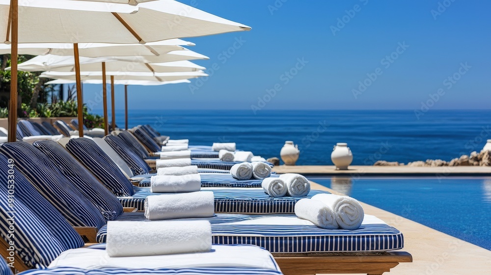 Poster sunlight illuminates loungers by the pool, adorned with towels, as waves gently crash on the shoreli