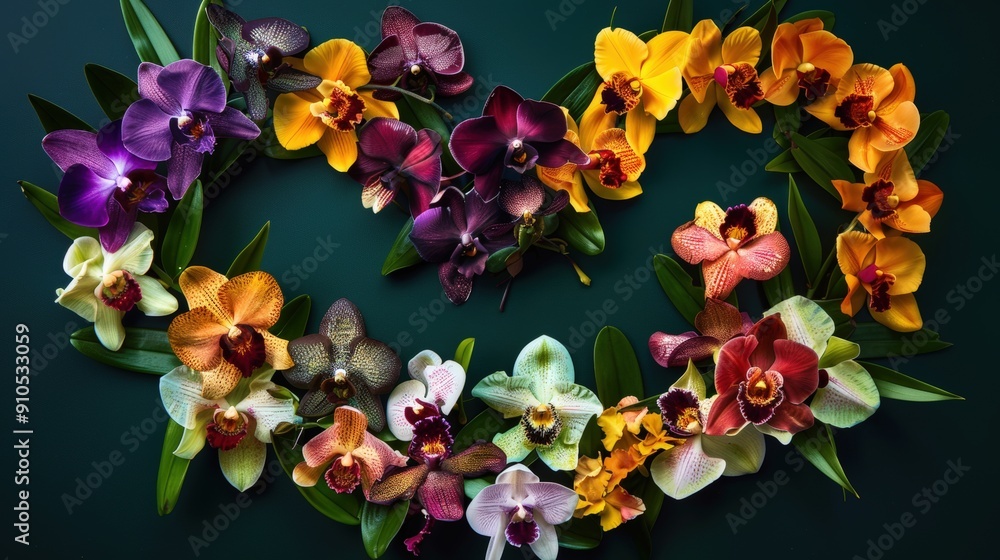 Aufkleber a vibrant display of various orchids arranged in a heart shape against a dark background, showcasing